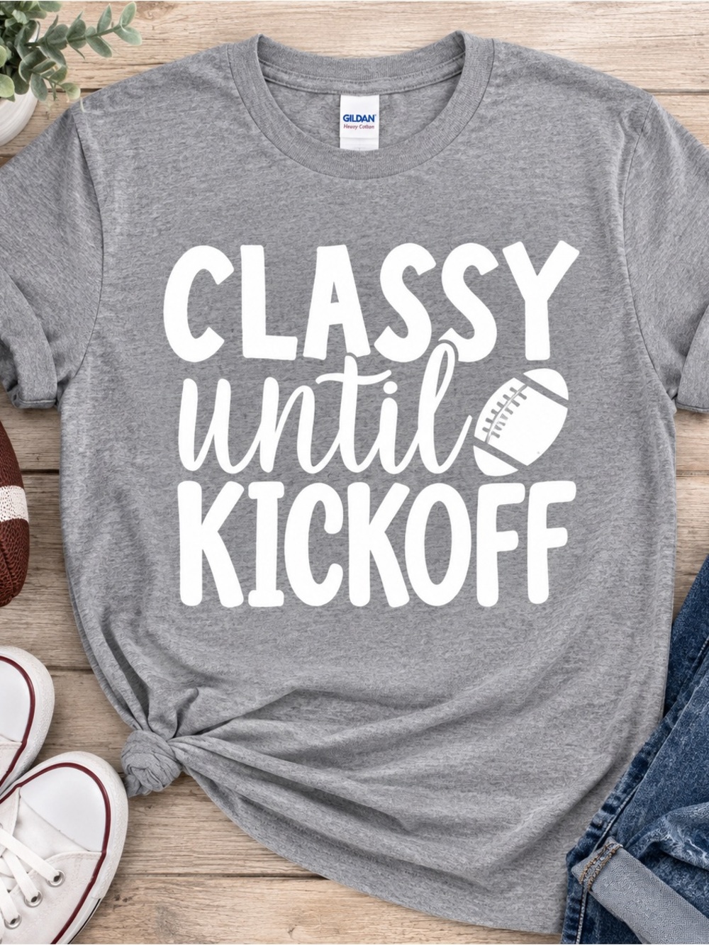 Gildan Gray Short-Sleeve Tee with White Football Graphic